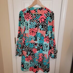 Kaari Blue Multi Color Flower Print Lace Up With Bell Sleeve Dress Size M